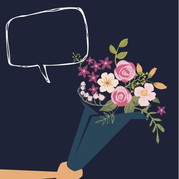 Eine Hand hält einen Strauß aus bunten Blumen mit einer leeren Sprechblase darüber.