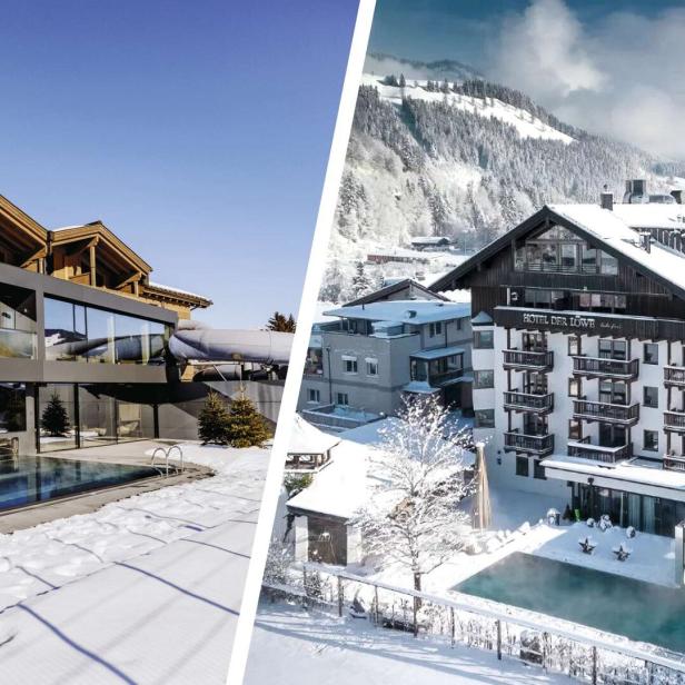 Zwei moderne Hotels mit beheizten Außenpools liegen in verschneiter Winterlandschaft in den Bergen.