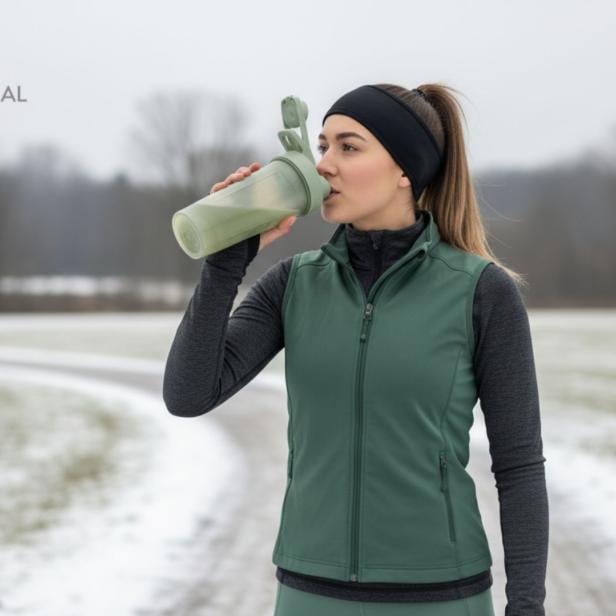 Eine Frau in Sportkleidung trinkt unterwegs im Freien einen Sunday Natural Shake.