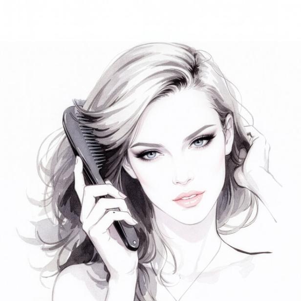 Eine Frau mit blondem Haar kämmt sich vor einem weißen Hintergrund.