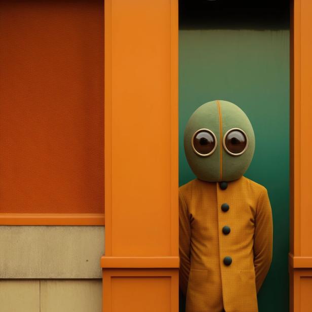 Eine Person mit großem, rundem Kopf und riesigen Augen trägt einen gelben Mantel und steht vor orange-grünem Hintergrund.