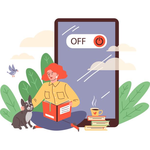 Grafik die eine Frau mit Buch und Hund und Kaffee zeigt, dahinter ein riesiges Handy, auf dem Off steht