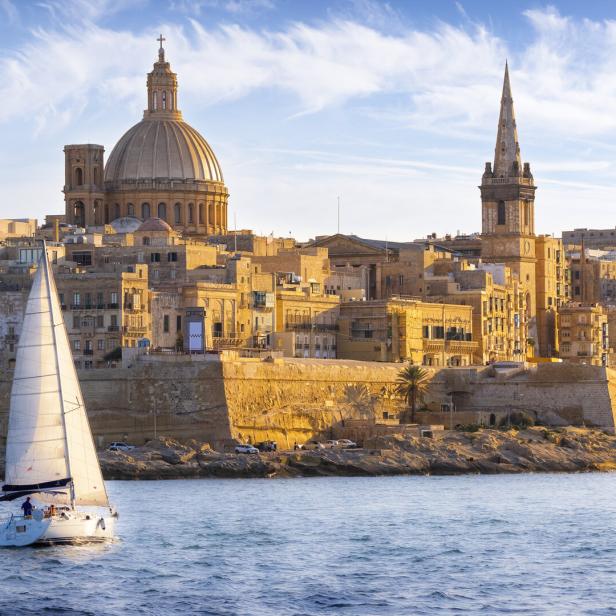 Malta - Mediterranean travel destination, Marsamxett Harbour and Valletta with Cathedral of Saint Paul