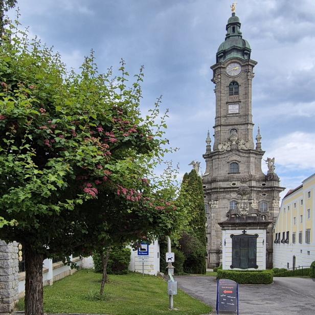 Ein Kirchturm mit Uhr steht neben einem gelben Gebäude und einem Baum mit rosa Blüten.