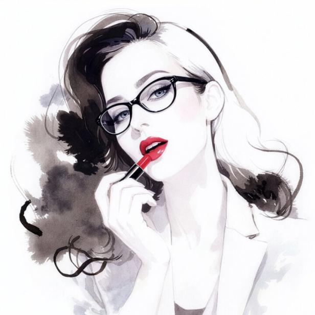 Eine Frau mit Brille und rotem Lippenstift schminkt sich vor einem Videoanruf.