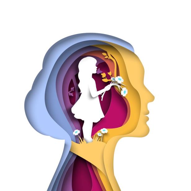 Little girl inside head of woman papercut vector illustration