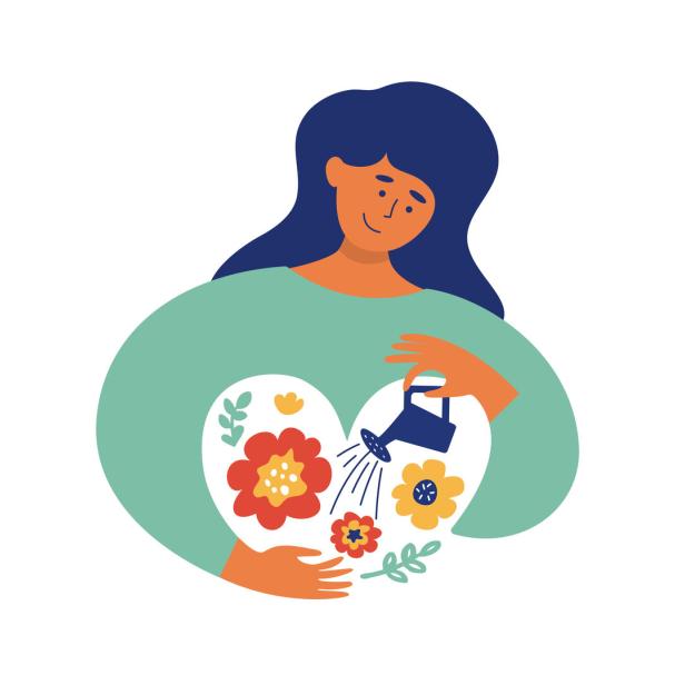 Vector illustration of self love with young woman irrigating and growing flowers in inner garden