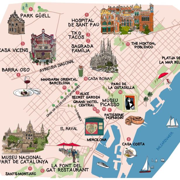 Eine Landkarte von Barcelona mit vielen Sehenswürdigkeiten