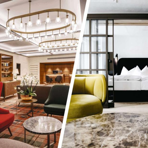 Links gemütliche Lobby mit roten Sesseln und Bücherregalen, rechts modernes Schlafzimmer mit Doppelbett und farbigen Sofas.