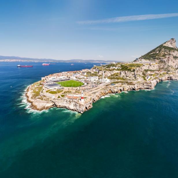 Spectacular,View,Of,Gibraltar,Peninsula,With,Soccer,Field,Surrounded,By