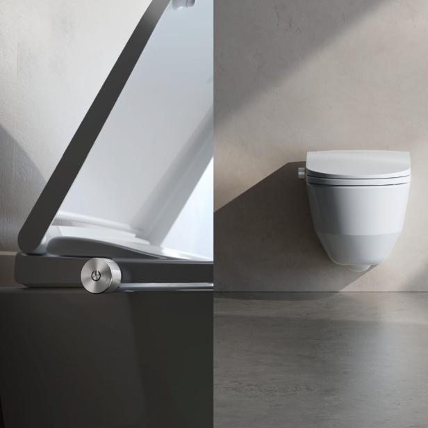 Modernes weißes Dusch-WC mit geöffnetem Sitz und Seitenansicht des Bedienelements.